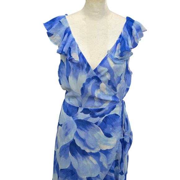 Lulus‎ Elevate The Occasion Wrap Dress Women's Medium Blue Floral Ruffle Hi Low - Picture 3 of 12
